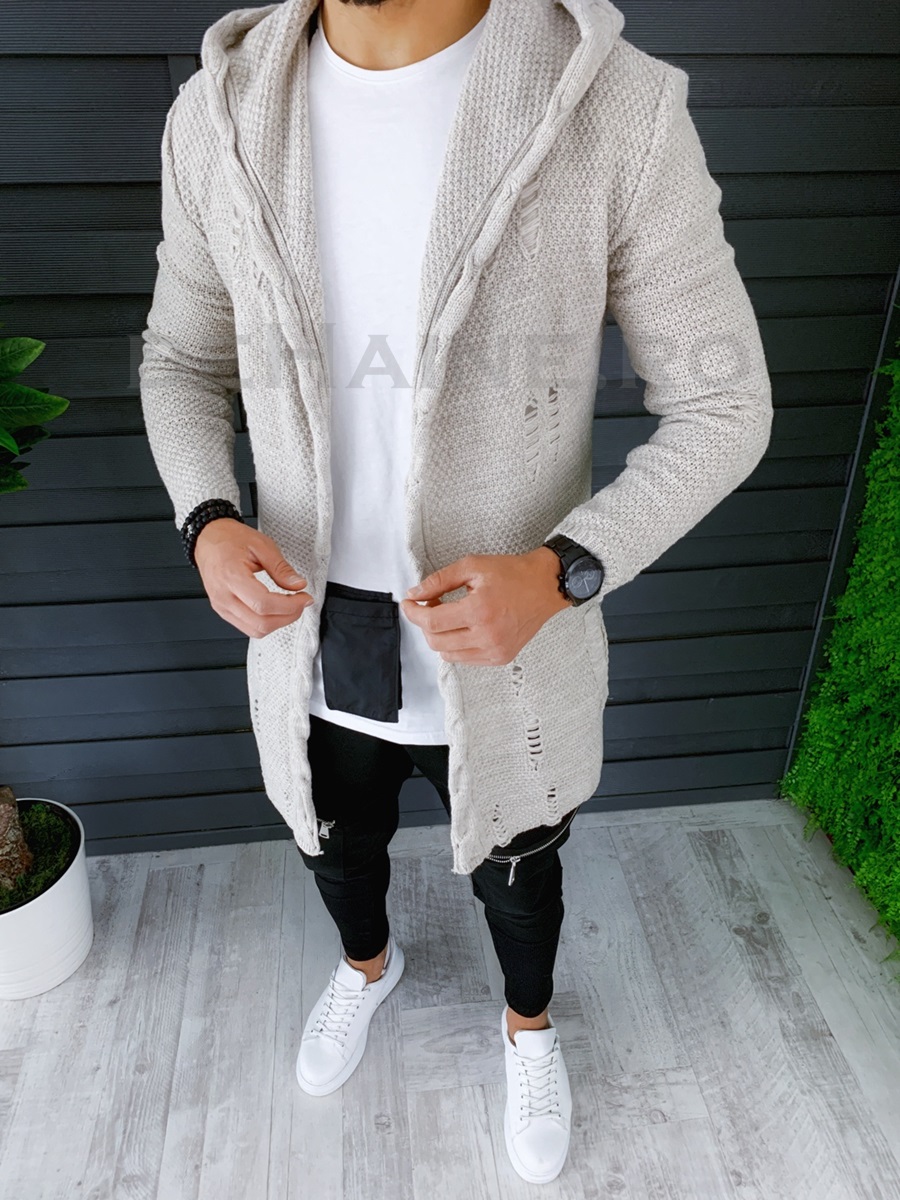 Cardigan barbati bej cu gluga slim fit zr t3601 109-3 /x12